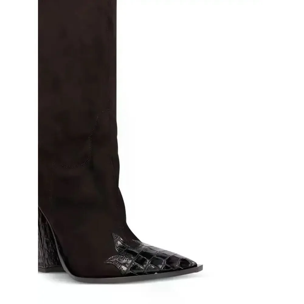 NEW SONORA Over Knee Pasilla Croc-Detail Black Boots 39 US 8 Black Italy $1403